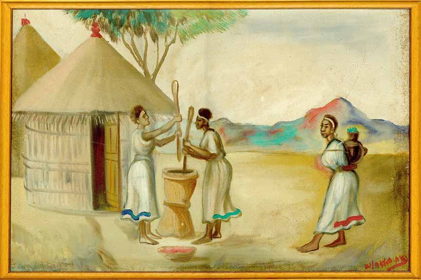 Entire painting shown with frame; shows two women working a mortar and pestle and one woman carrying a basket. Tukul means house.
