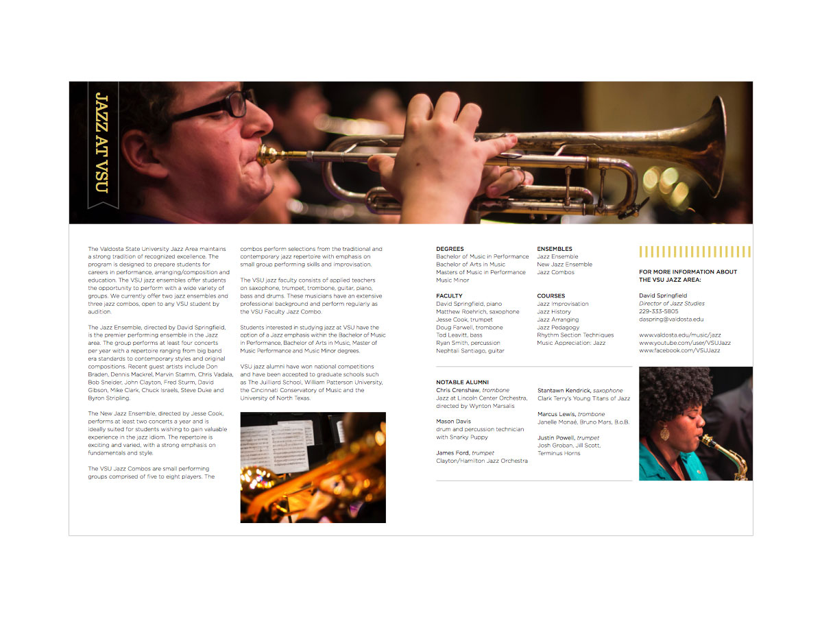 Jazz Ensemble Program - The program was designed by Creative Services for the GMEA, The Georgia Music Educators Association. The piece was used as a program for the Jazz Ensemble concert as well as a recruiting booklet.