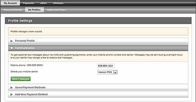 Adding telephone number to receive text message notices