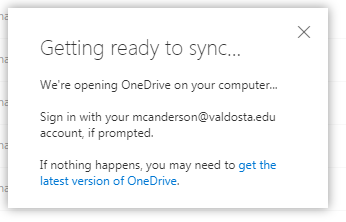 getting ready to sync OneDrive pop up message