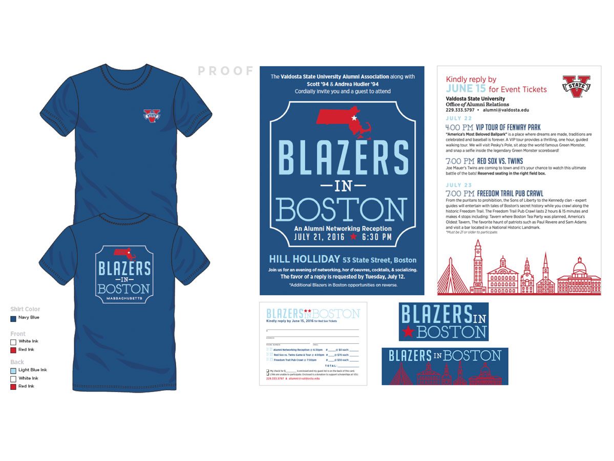 Blazers in Boston Marketing Materials - These are the Blazers in Boston marketing materials produced by Creative Services to help Alumni Relations promote their group trip. The materials included a t-shirt design, postcard, reply card, and web graphics.