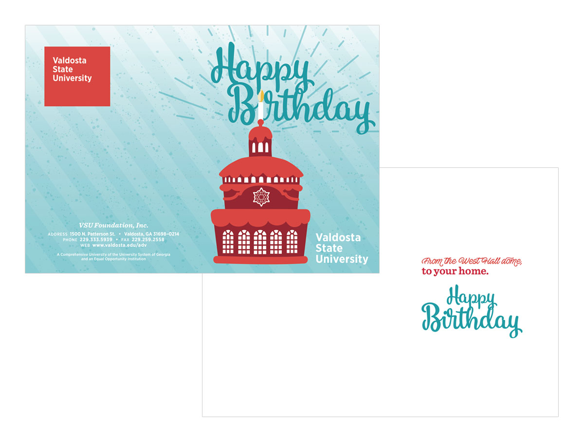 Birthday Card - This custom designed birthday card was created for the VSU Foundation. The card features a custom illustration of a West Hall inspired birthday cake.