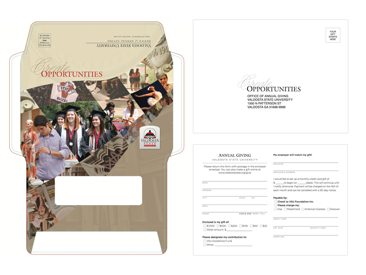 Annual Giving Mailer - This custom mail piece was created for the Office of Annual Giving's 2014 marketing efforts. The project included the design of a custom envelope, reply card and envelope, and letter