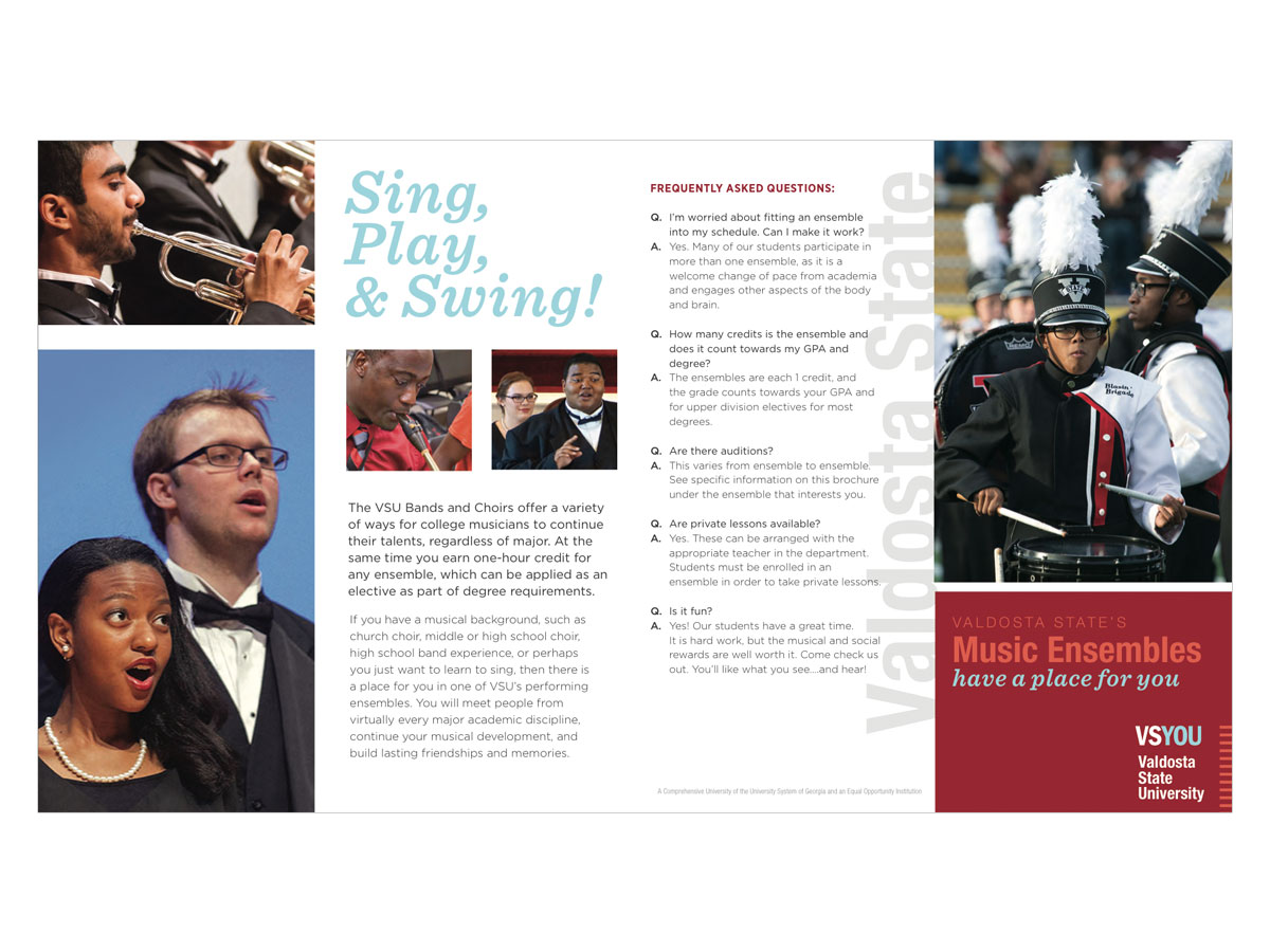 Music Ensembles Brochure - This brochure was designed to help the Department of Music in their marketing and recruitment efforts.