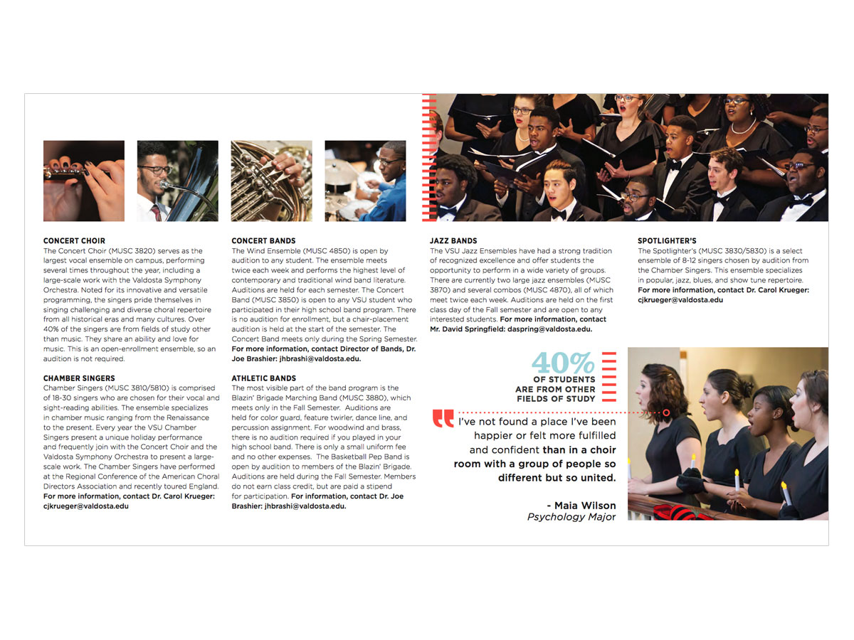 Music Ensembles Brochure -  This brochure was designed to help the Department of Music in their marketing and recruitment efforts.